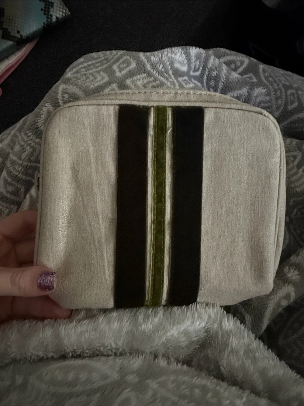 Cream Cosmetic Bag Velvet Stripe Makeup Pouch Travel Toiletry Case